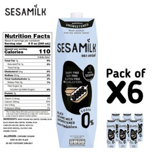 Sesamilk: Sesame Milk (Unsweetened Black Sesame Milk), 33.8 Fl Oz (Pack of 6) Vegan Dairy Free│Soy and Nut Free │Gluten Free │Low Sodium │0% Sugar │Halal