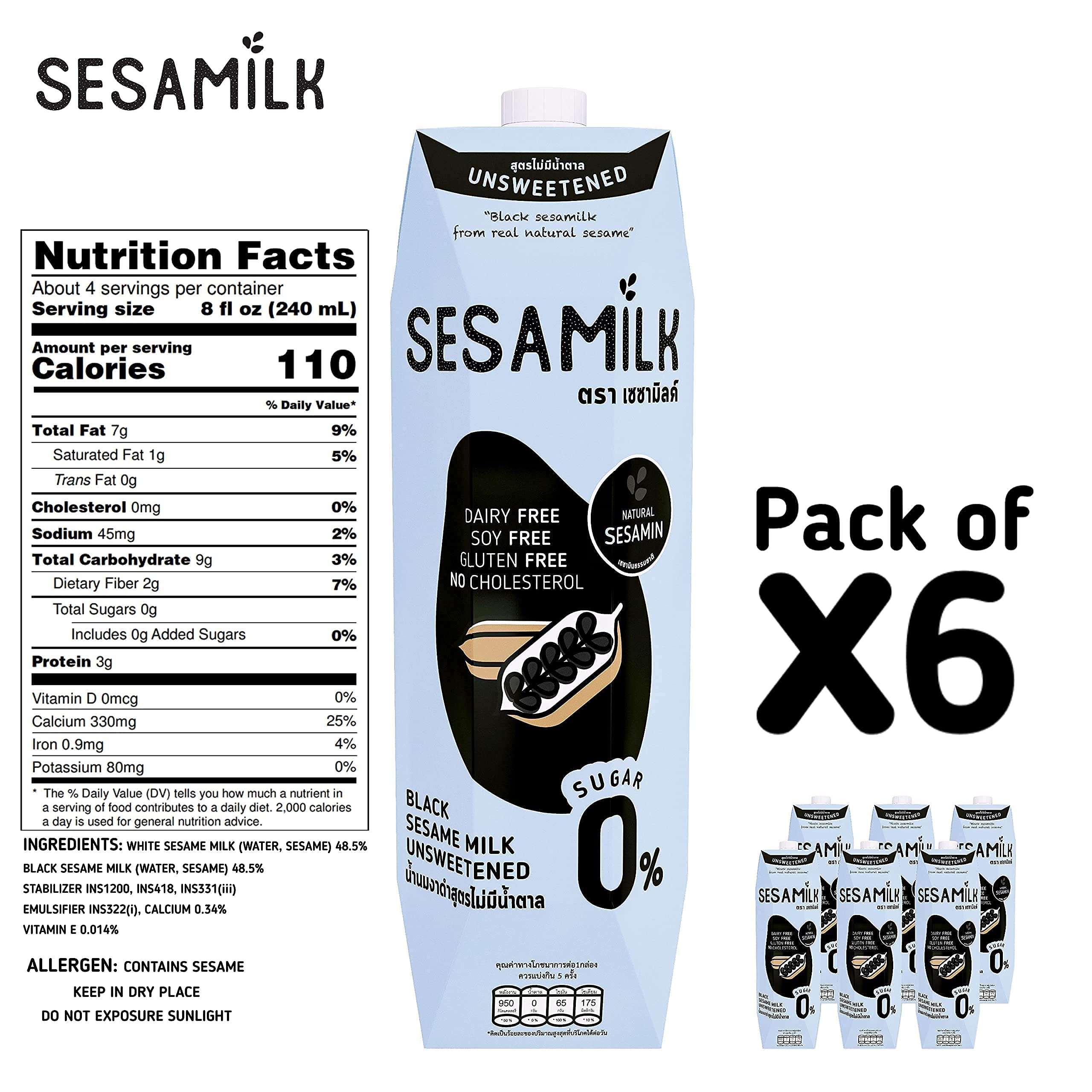 Sesamilk: Sesame Milk (Unsweetened Black Sesame Milk), 33.8 Fl Oz (Pack of 6) Vegan Dairy Free│Soy and Nut Free │Gluten Free │Low Sodium │0% Sugar │Halal