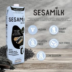 Sesamilk: Sesame Milk (Unsweetened Black Sesame Milk), 33.8 Fl Oz (Pack of 6) Vegan Dairy Free│Soy and Nut Free │Gluten Free │Low Sodium │0% Sugar │Halal