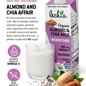 Organic Almond & Chia Milk, Zero Sugar, Almond Milk, with 800mg OMEGA-3 and Prebiotic Fiber, Vegan, Dairy Free, Gluten Free, Plant Based, Lactose Free, Non-GMO, Shelf-Stable, Low Carb, Keto, Soy Free, Kosher, Lechia, 32oz (6 Pack)