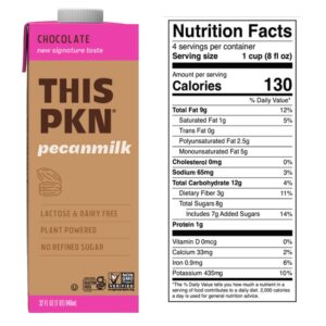 THIS PKN Pecan Nut Milk Chocolate Non Dairy Milk Alternative, Made from Real Texas Pecans, Plant Based Chocolate Milk, Made Without Added Sugars and No GMOs or Lactose (32oz, Pack of 6)