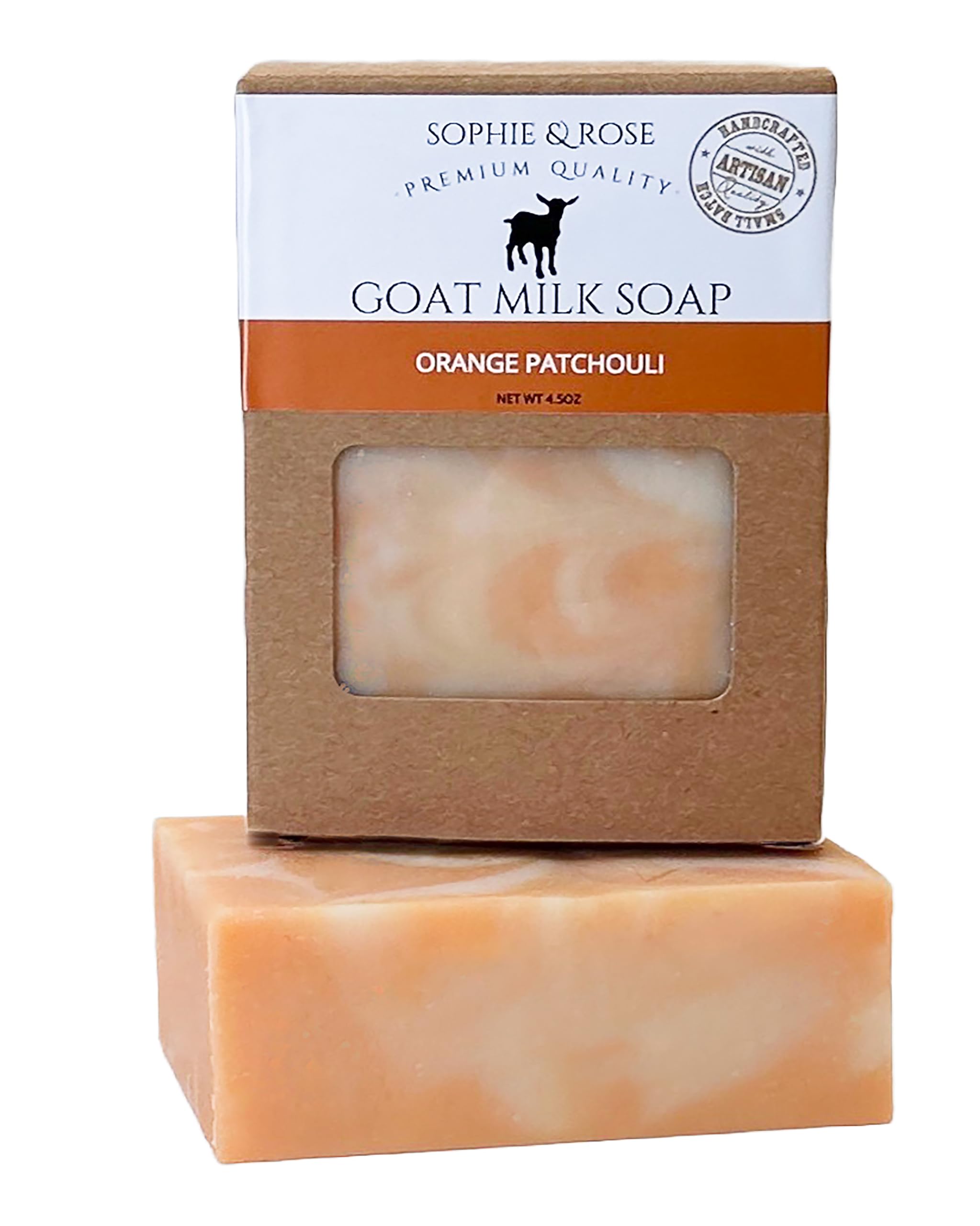 Sophie & Rose Goat Milk Soap, Moisturizing Cleansing Bar, Creamy, Nourishing Lather, Gentle For Sensitive Skin, Handmade USA (Orange Patchouli, 4.5 ounce (Pack of 1))