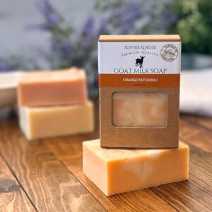 Sophie & Rose Goat Milk Soap, Moisturizing Cleansing Bar, Creamy, Nourishing Lather, Gentle For Sensitive Skin, Handmade USA (Orange Patchouli, 4.5 ounce (Pack of 1))