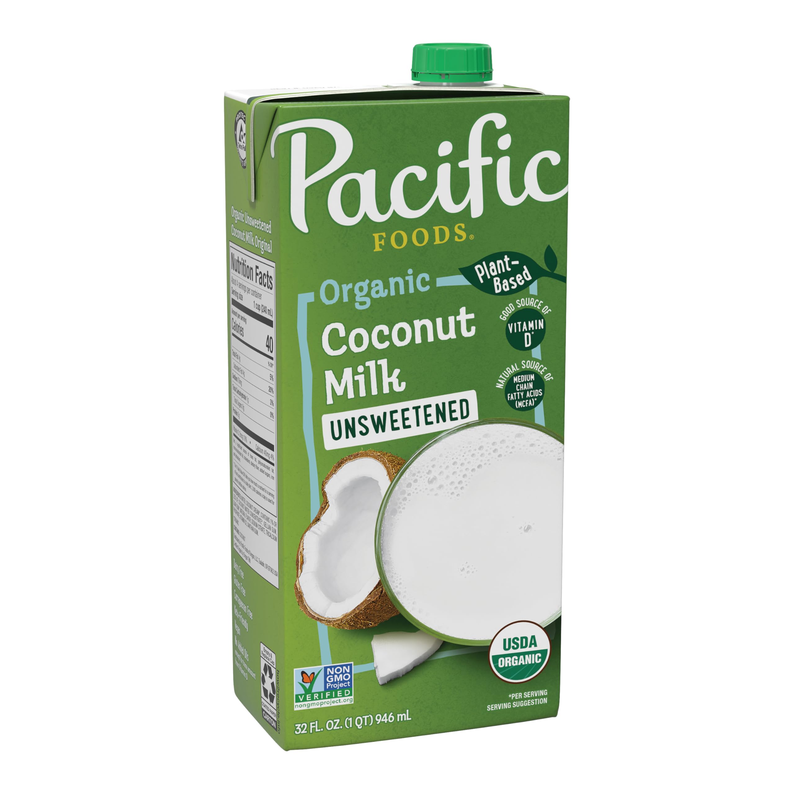 Pacific Foods Organic Unsweetened Coconut Milk, Plant Based Milk, 32 oz Carton