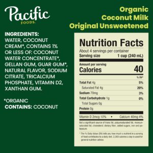 Pacific Foods Organic Unsweetened Coconut Milk, Plant Based Milk, 32 oz Carton