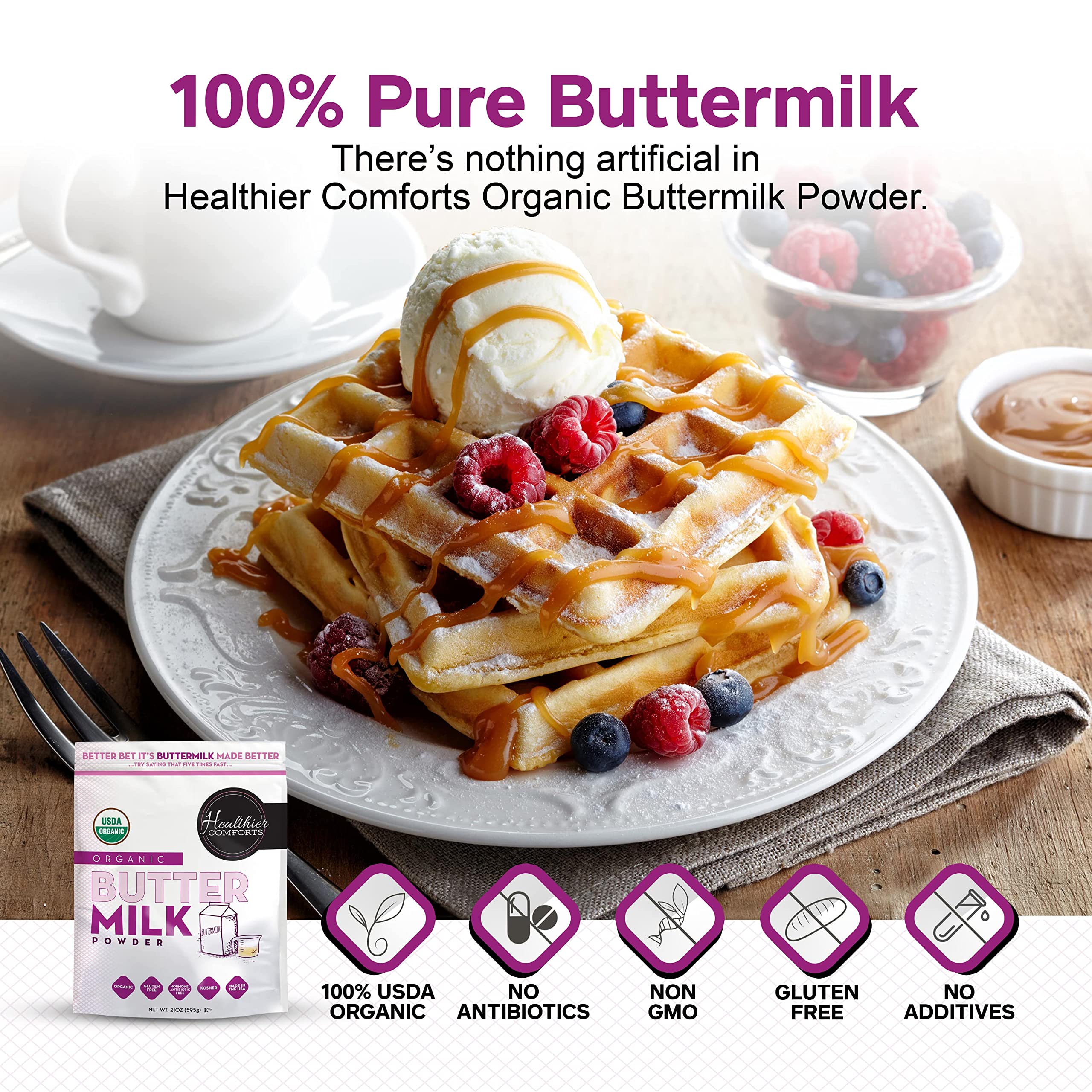 Healthier Comforts Organic Buttermilk Powder | USDA Certified Organic Powdered Buttermilk, Kosher, Gluten Free, Non-GMO | Dry Buttermilk Powder for Baking Supplies, Biscuits & Gravy, Mini Pancakes 21oz