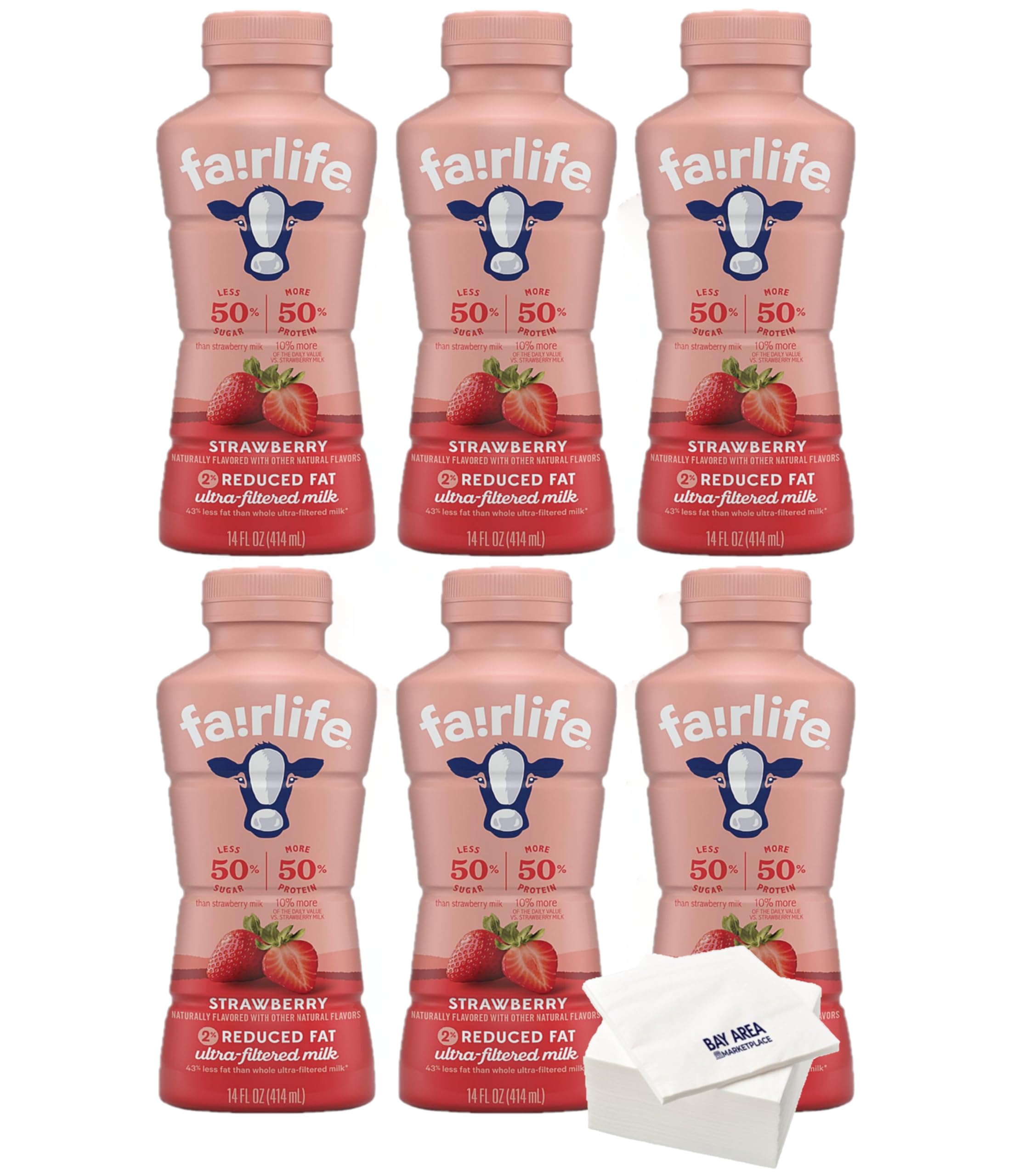 Fairlife Ultra Filtered Milk, Reduced Fat Milk, 14oz Bottles, Pack of 6 (Strawberry) with Bay Area Marketplace Napkins