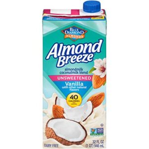 almond breeze dairy free almondmilk blend, almond coconut, unsweetened vanilla, 32 ounce (pack of 12)