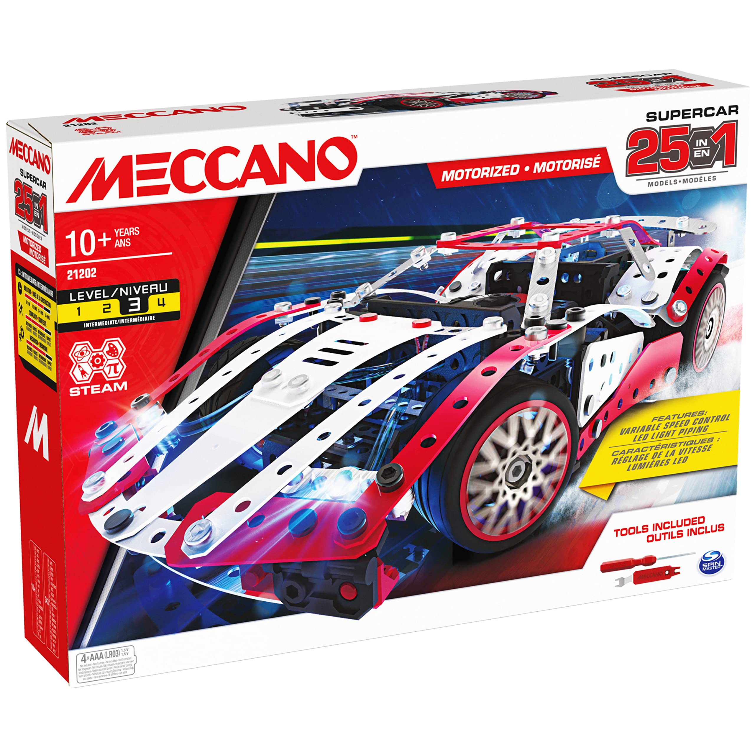 Meccano, 25-in-1 Motorized Supercar STEM Model Building Kit with 347 Parts, Real Tools and Working Lights, Kids Toys for Ages 10 and Up