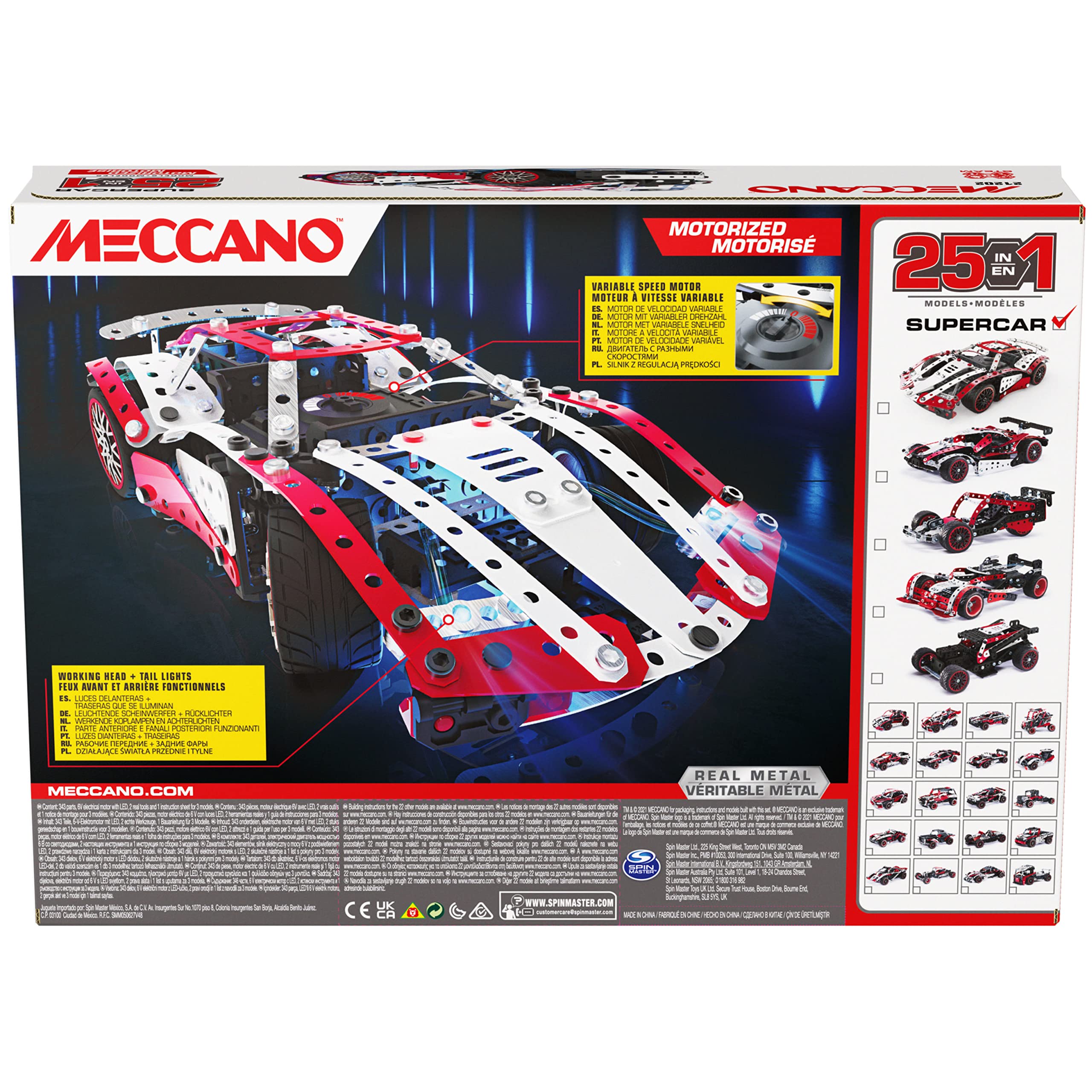 Meccano, 25-in-1 Motorized Supercar STEM Model Building Kit with 347 Parts, Real Tools and Working Lights, Kids Toys for Ages 10 and Up