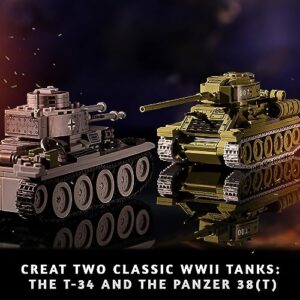 WW2 Army Tanks Toy Building Kit, Create a Soviet T-34 Tank & a German Panzer 38(t) Tank, Great Military Model Toys Gift for Boys, Kids, and Teens Age 8+ (1008 Pieces)