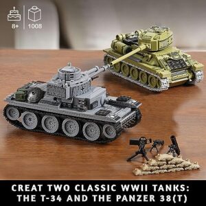 WW2 Army Tanks Toy Building Kit, Create a Soviet T-34 Tank & a German Panzer 38(t) Tank, Great Military Model Toys Gift for Boys, Kids, and Teens Age 8+ (1008 Pieces)