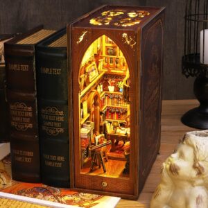 Funle Book Nook Kit for Adult, DIY Miniature Dollhouse Booknook Kit with LED Lights, 3D Wooden Puzzle Bookend for House Home Library Decor