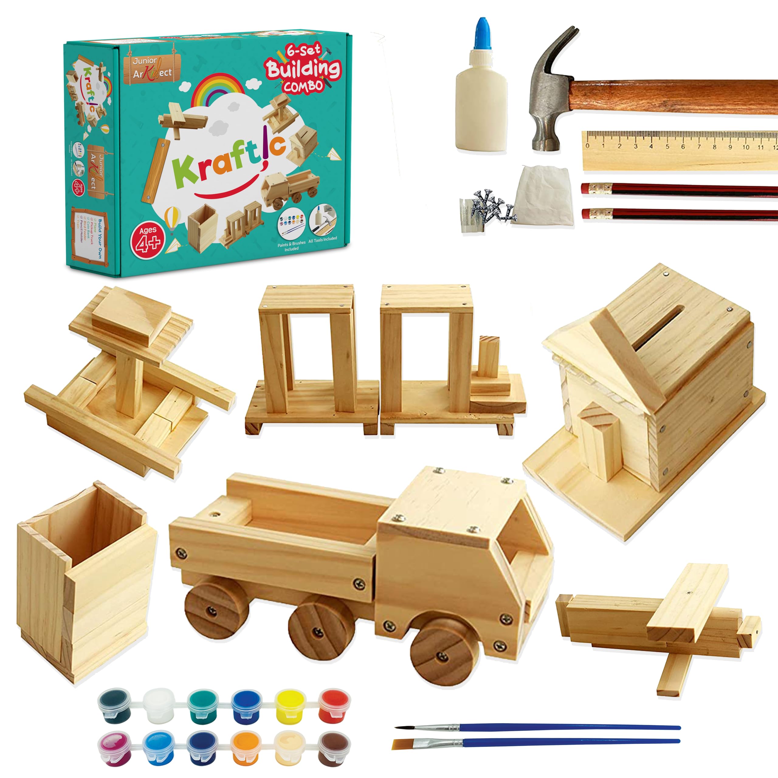 Kraftic Woodworking Building Kit for Kids and Adults, with 6 Educational Arts and Crafts DIY Carpentry Construction Wood Model Kit Toy Projects for Boys and Girls