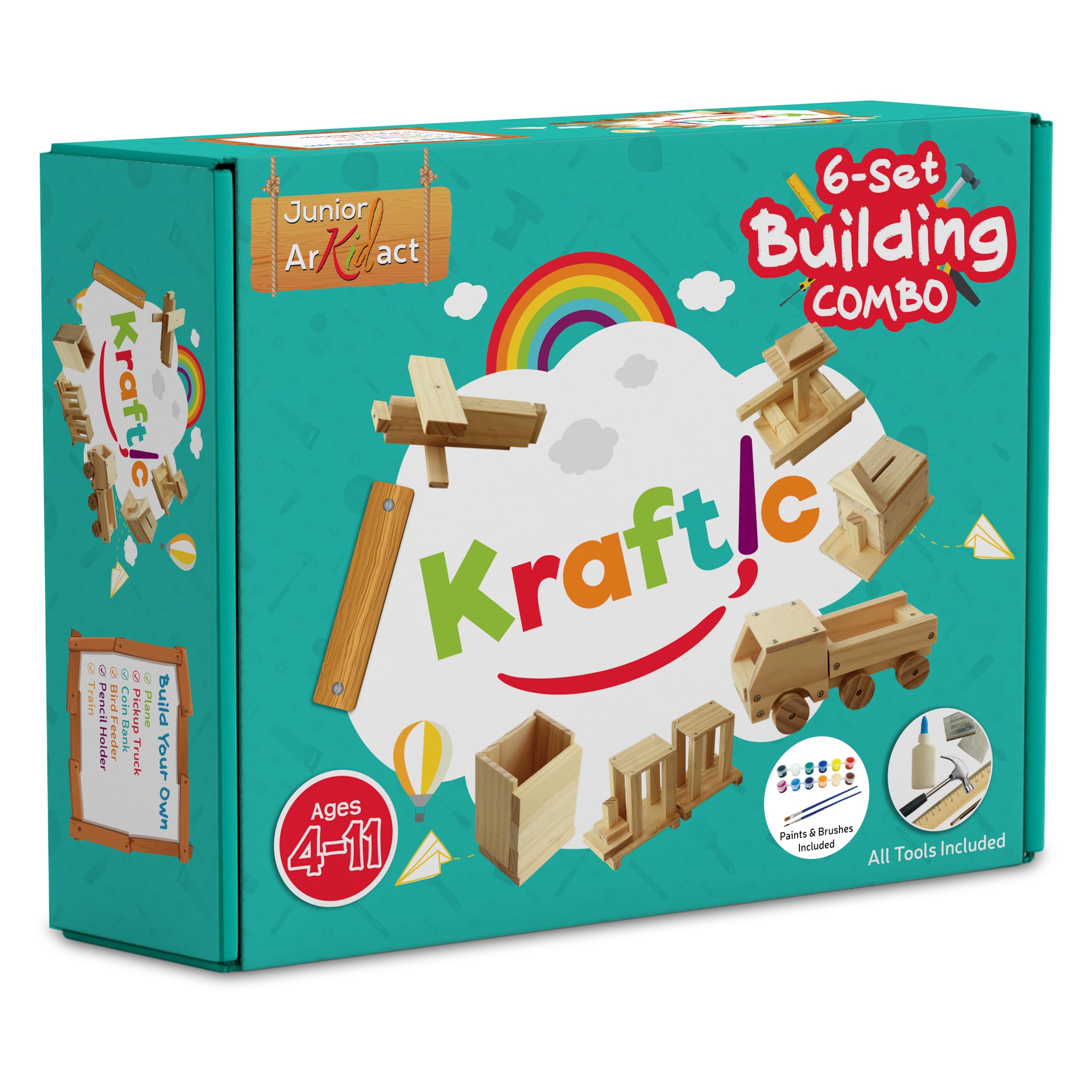 Kraftic Woodworking Building Kit for Kids and Adults, with 6 Educational Arts and Crafts DIY Carpentry Construction Wood Model Kit Toy Projects for Boys and Girls