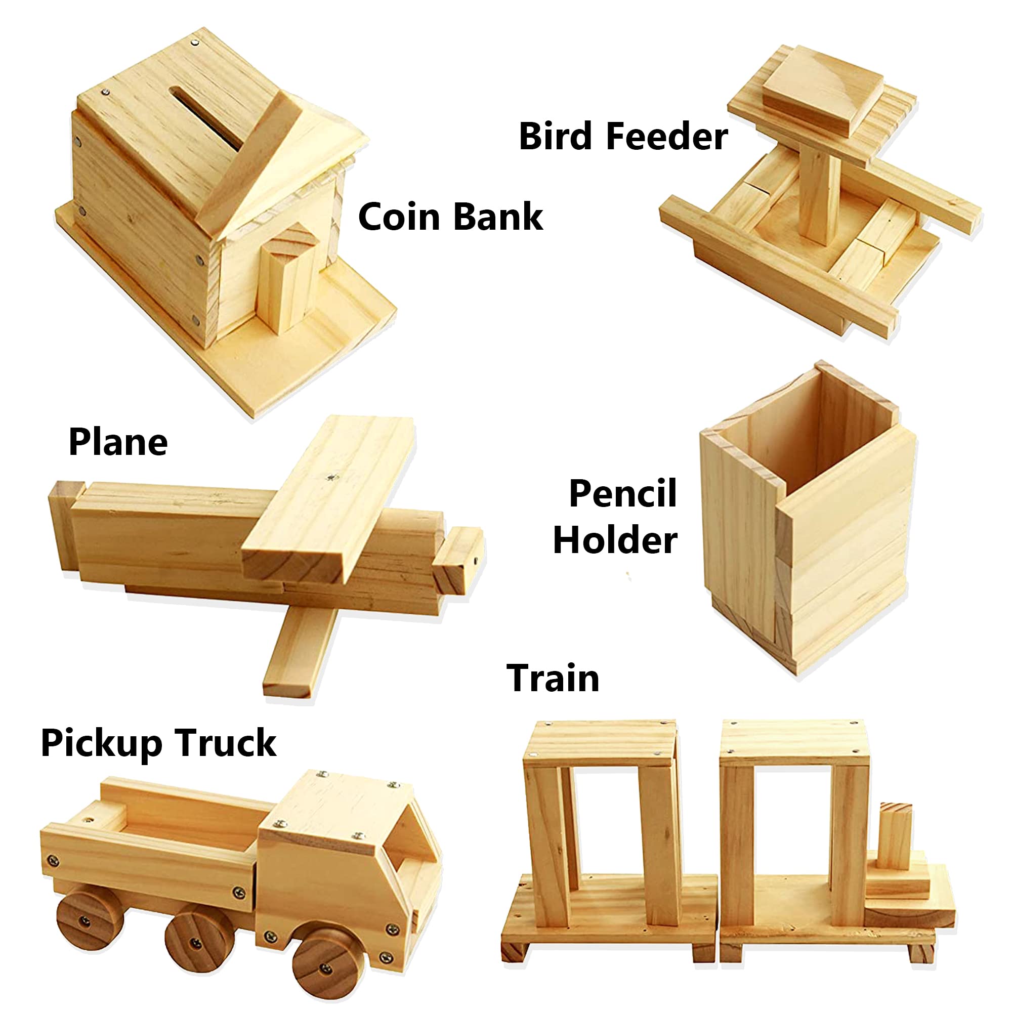 Kraftic Woodworking Building Kit for Kids and Adults, with 6 Educational Arts and Crafts DIY Carpentry Construction Wood Model Kit Toy Projects for Boys and Girls