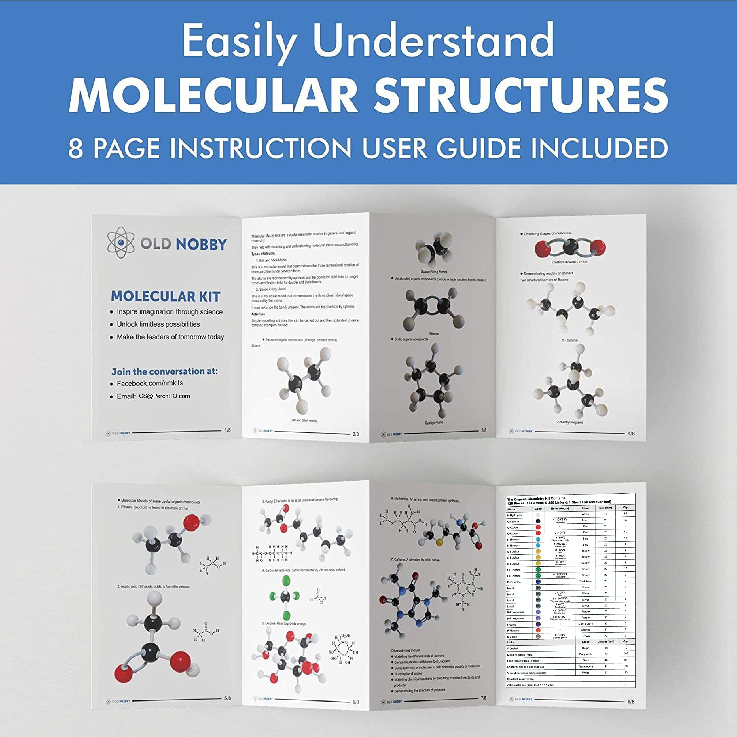 Old Nobby Organic Chemistry Set (425 pc) Molecular Model Kit with Atoms, Bonds, Guide, Bond Removal Tool - STEM Science Kits for Kids Toys Chemistry Set for Students Teachers Young Scientists