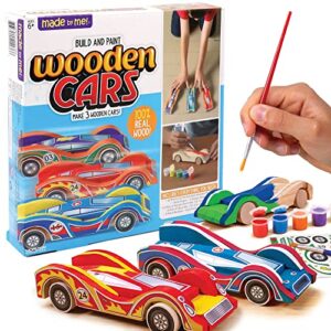 made by me build & paint your own wooden cars - diy wood craft kit, easy to assemble and paint 3 race cars – arts and crafts kit for kids ages 6 and up, multicolor