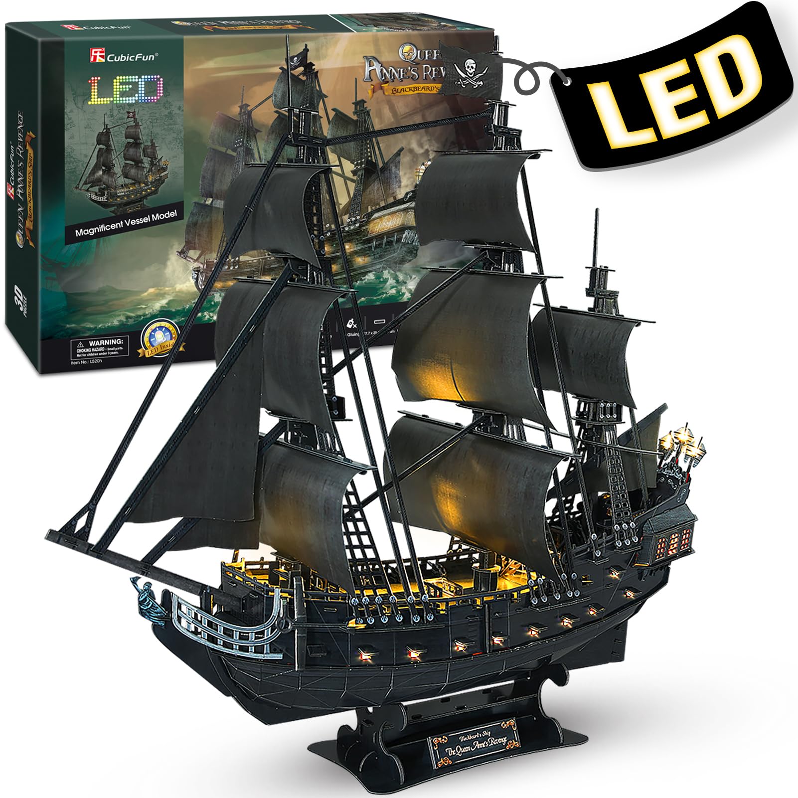 3D Puzzles for Adults - Led Pirate Ship Queen Anne's Revenge - Large 27'' Sailboat Puzzles - Desk Decor/House Warming/New Home/Christmas/Anniversary/Teacher Appreciation Gifts