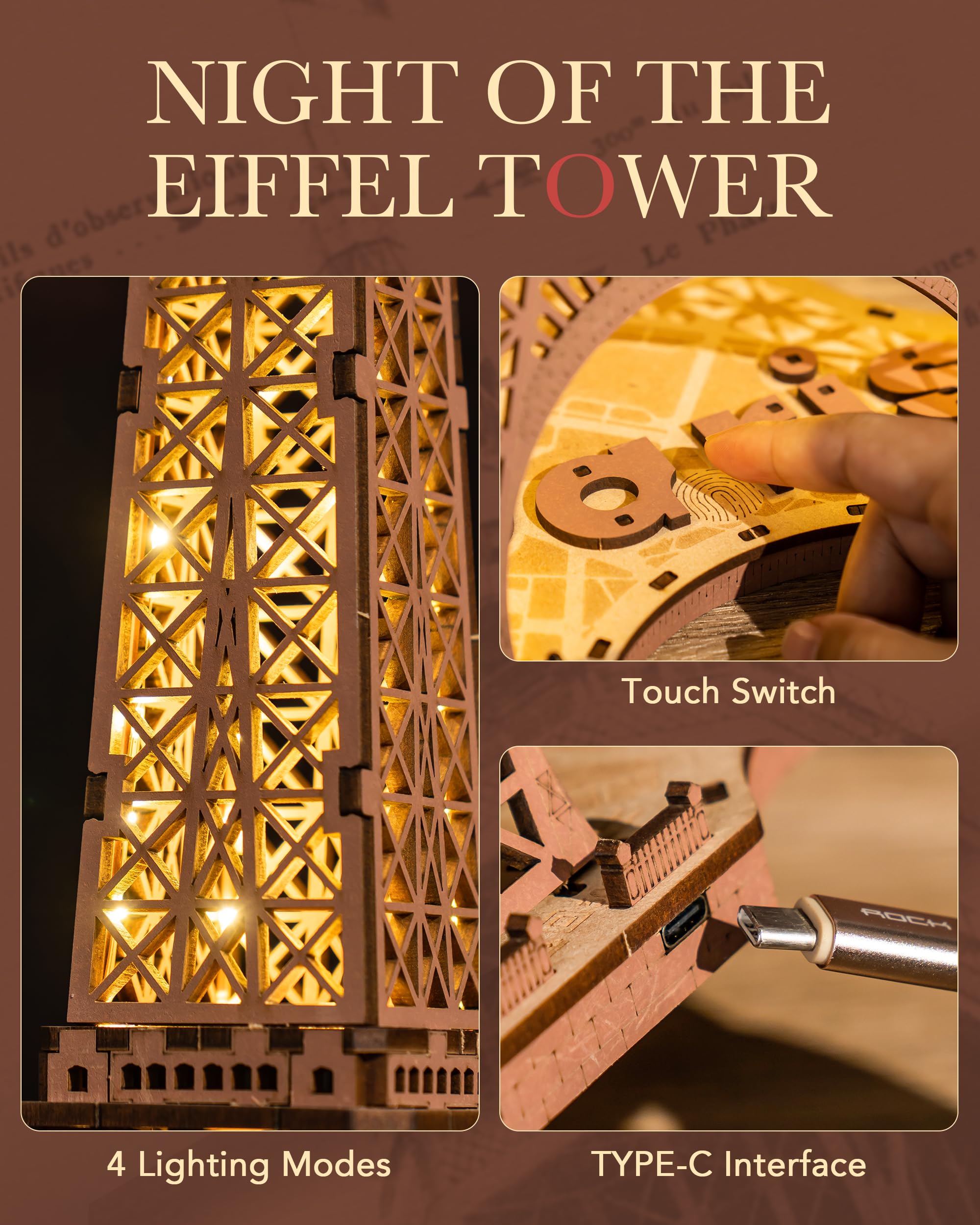 Rowood Eiffel Tower,3D Puzzle Model Kits for Adults,DIY 3D Wooden Puzzles for Adults,Builing Set with LED,Home Decoration Festival Gift Idea