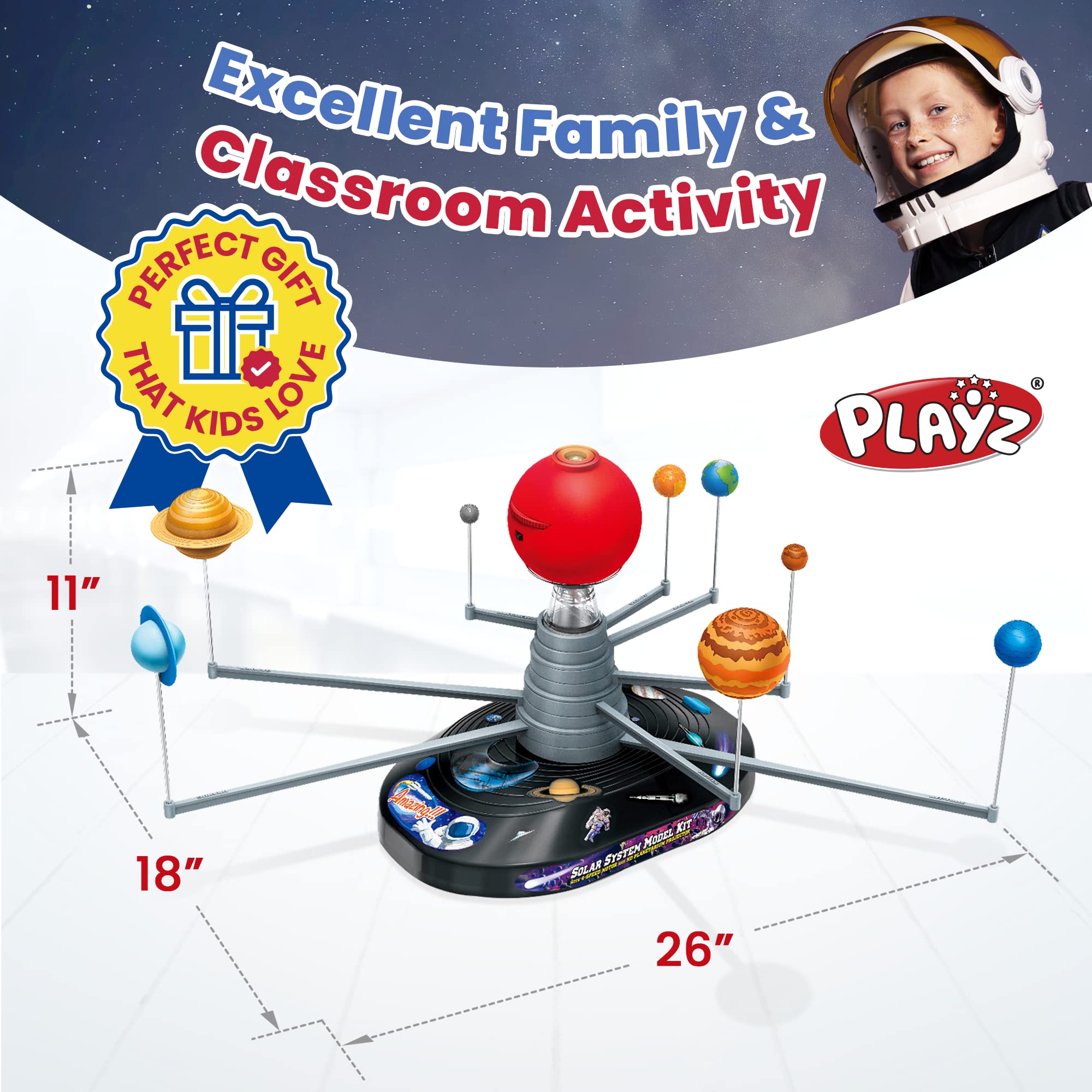 Playz Premium Solar System Model Kit for Kids - 4 Speed Motor, HD Planetarium Projector, 8 Painted Planets & 8 White Foam Balls with Paint and Brush for a Hands-On STEM DIY Project for Space Toys