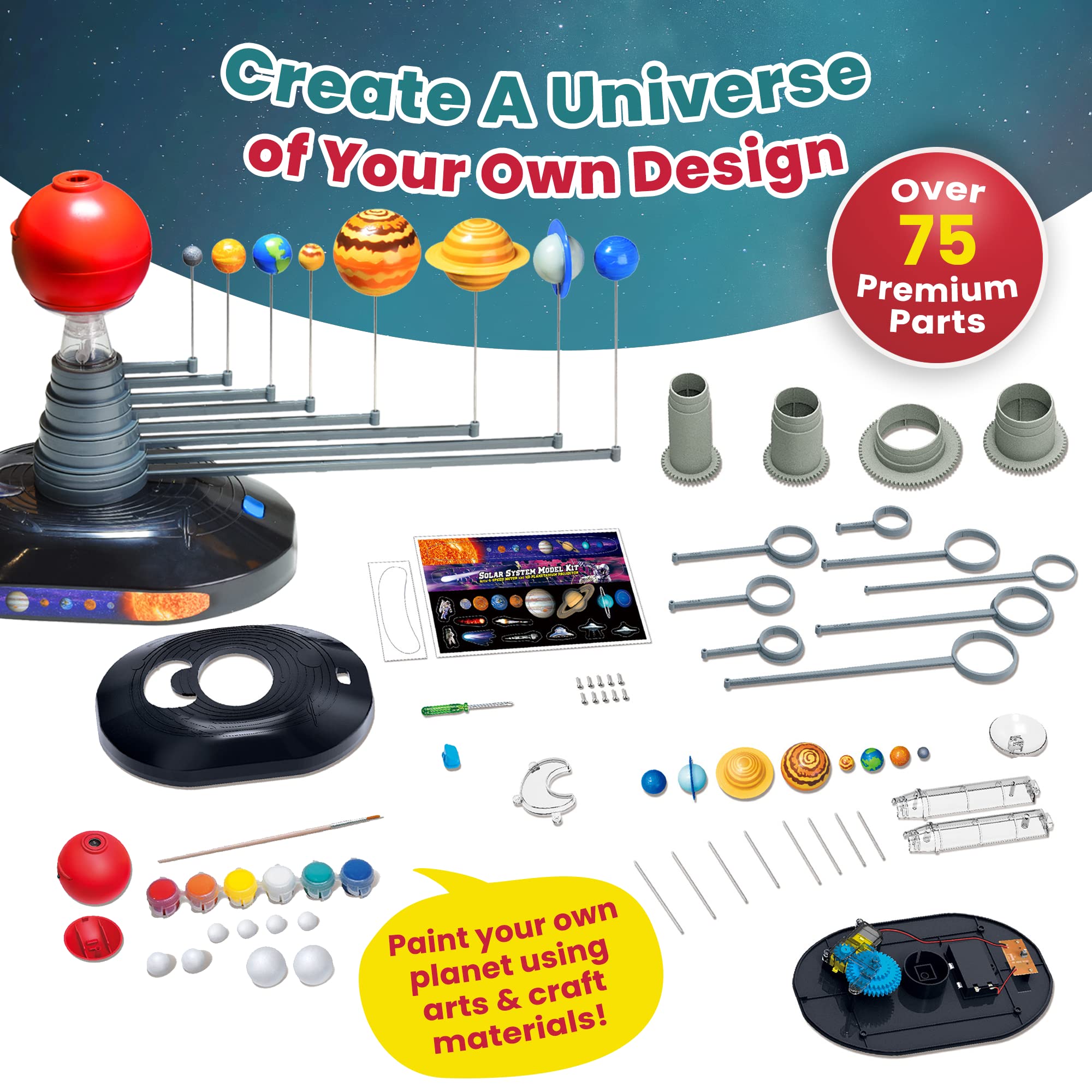 Playz Premium Solar System Model Kit for Kids - 4 Speed Motor, HD Planetarium Projector, 8 Painted Planets & 8 White Foam Balls with Paint and Brush for a Hands-On STEM DIY Project for Space Toys