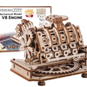 WOODEN.CITY Wood Engine Model Kit 3D Puzzle - 3D Wooden Puzzle Model Engine Kit for Adults - V8 Engine Model Kit That Works 3D Wooden Puzzles for Adults - Model Engine Working 3D Wood Puzzles Adult