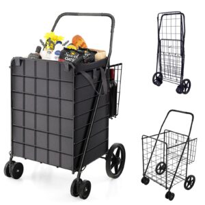 goplus folding shopping cart for groceries, upgraded jumbo grocery cart with waterproof liner, 32 gallon capacity, 360° rolling swivel wheels and double basket, heavy duty foldable utility cart