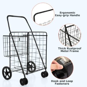 Goplus Folding Shopping Cart for Groceries, Upgraded Jumbo Grocery Cart with Waterproof Liner, 32 Gallon Capacity, 360° Rolling Swivel Wheels and Double Basket, Heavy Duty Foldable Utility Cart