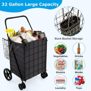 Goplus Folding Shopping Cart for Groceries, Upgraded Jumbo Grocery Cart with Waterproof Liner, 32 Gallon Capacity, 360° Rolling Swivel Wheels and Double Basket, Heavy Duty Foldable Utility Cart