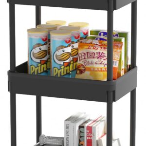 Sooyee 3-Tier Plastic Rolling Utility Cart with Wheels, Multi-Functional Storage Trolley for Office, Living Room, Kitchen, Movable Storage Organizer with Wheels, Black