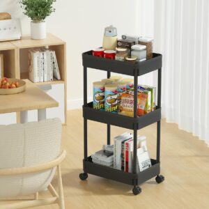 Sooyee 3-Tier Plastic Rolling Utility Cart with Wheels, Multi-Functional Storage Trolley for Office, Living Room, Kitchen, Movable Storage Organizer with Wheels, Black