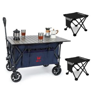 Folding Collapsible Wagon +Folding Stools*2, Utility Camping Park Wagon Cart with Aluminum Table Plate, Utility Camping Park Wagon Cart with Aluminum Table Plate