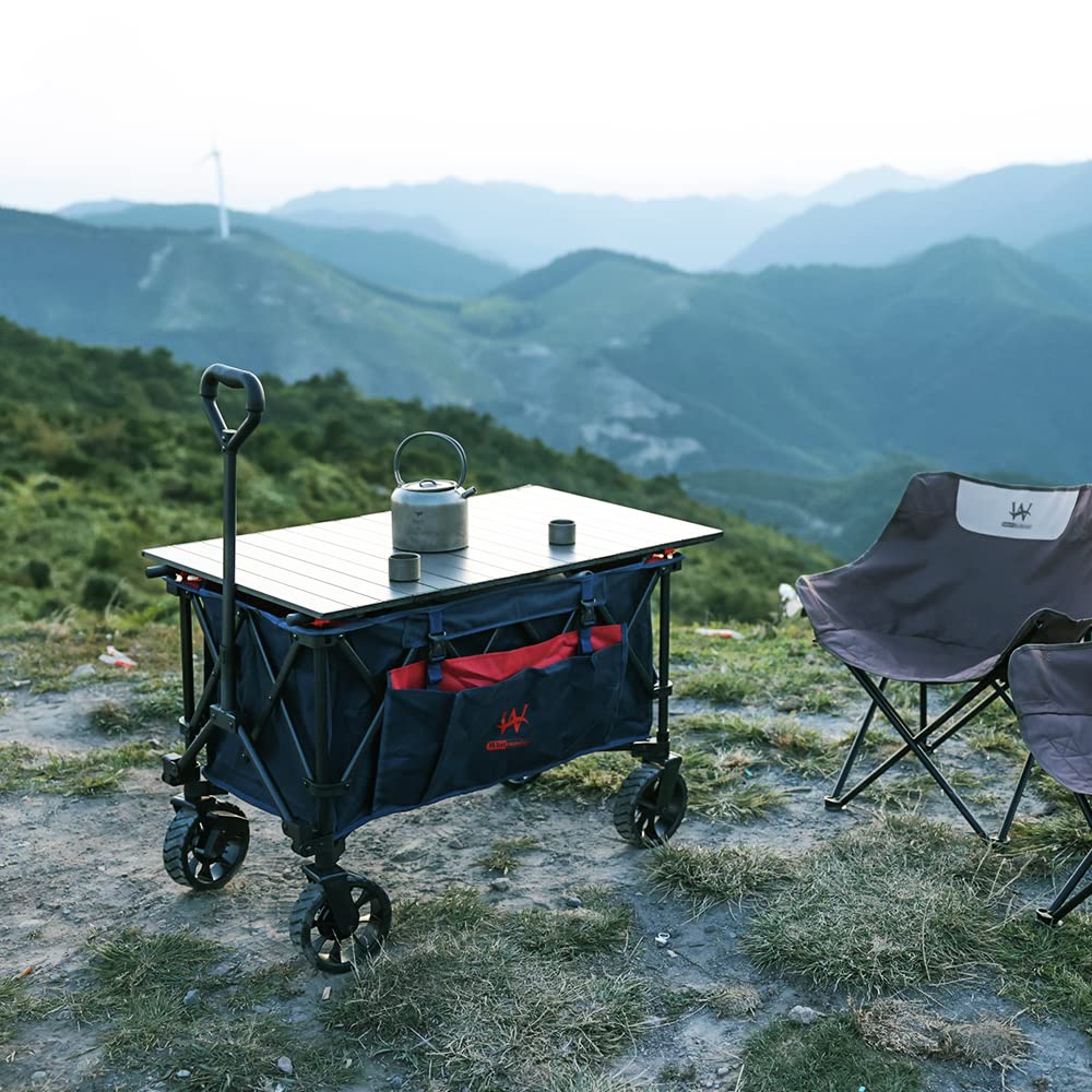 Folding Collapsible Wagon +Folding Stools*2, Utility Camping Park Wagon Cart with Aluminum Table Plate, Utility Camping Park Wagon Cart with Aluminum Table Plate