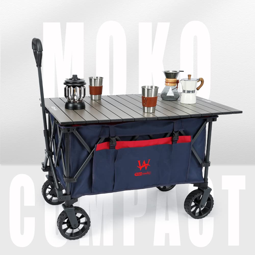 Folding Collapsible Wagon +Folding Stools*2, Utility Camping Park Wagon Cart with Aluminum Table Plate, Utility Camping Park Wagon Cart with Aluminum Table Plate