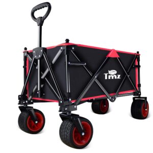 tmz collapsible folding wagon cart, outdoor utility garden cart, heavy duty camping wagon with big wheels，foldable wagon for sports, shopping, fishing and beach(black/red)