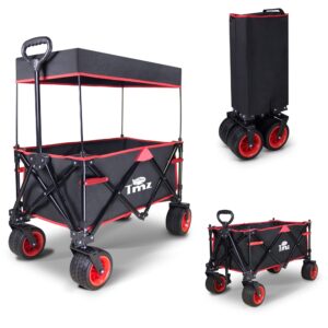 TMZ Collapsible Folding Wagon Cart, Outdoor Utility Garden Cart, Heavy Duty Camping Wagon with Big Wheels，Foldable Wagon for Sports, Shopping, Fishing and Beach(Black/Red)