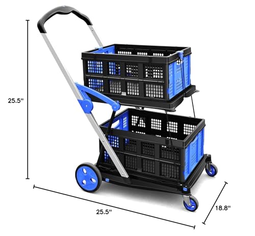 OSWIN Double Layer Folding Shopping Cart, Foldable Portable Trolley, Utility Cart with Shoping Baskets, Office Folding Cart with Wheels, Multi Use Functional Collapsible Carts for Supermarket