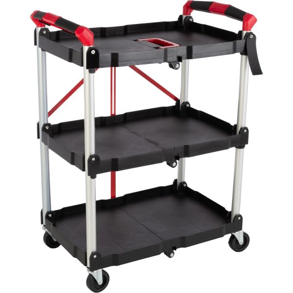 Collapsible Cart - Portable and Lightweight Folding Service Cart with 50lb Capacity Per Shelf - Multi Use Foldable Cart with Wheels by Stalwart