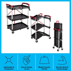 Collapsible Cart - Portable and Lightweight Folding Service Cart with 50lb Capacity Per Shelf - Multi Use Foldable Cart with Wheels by Stalwart