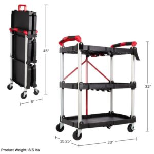 Collapsible Cart - Portable and Lightweight Folding Service Cart with 50lb Capacity Per Shelf - Multi Use Foldable Cart with Wheels by Stalwart