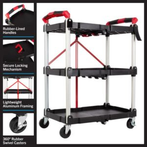 Collapsible Cart - Portable and Lightweight Folding Service Cart with 50lb Capacity Per Shelf - Multi Use Foldable Cart with Wheels by Stalwart