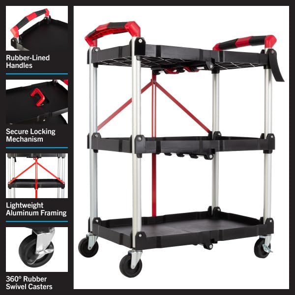 Collapsible Cart - Portable and Lightweight Folding Service Cart with 50lb Capacity Per Shelf - Multi Use Foldable Cart with Wheels by Stalwart