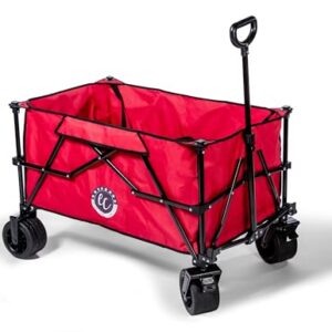 Collapsible Beach Wagon Large 220 lbs Capacity, Heavy Duty 40-inch Folding Wagon Cart with Big All-Terrain Wheels, Second Deck Design with Straps, Outdoor Camping Garden Utility Wagon Yard Beach (Red)