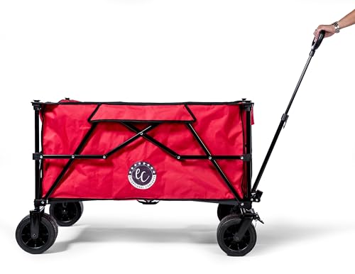 Collapsible Beach Wagon Large 220 lbs Capacity, Heavy Duty 40-inch Folding Wagon Cart with Big All-Terrain Wheels, Second Deck Design with Straps, Outdoor Camping Garden Utility Wagon Yard Beach (Red)