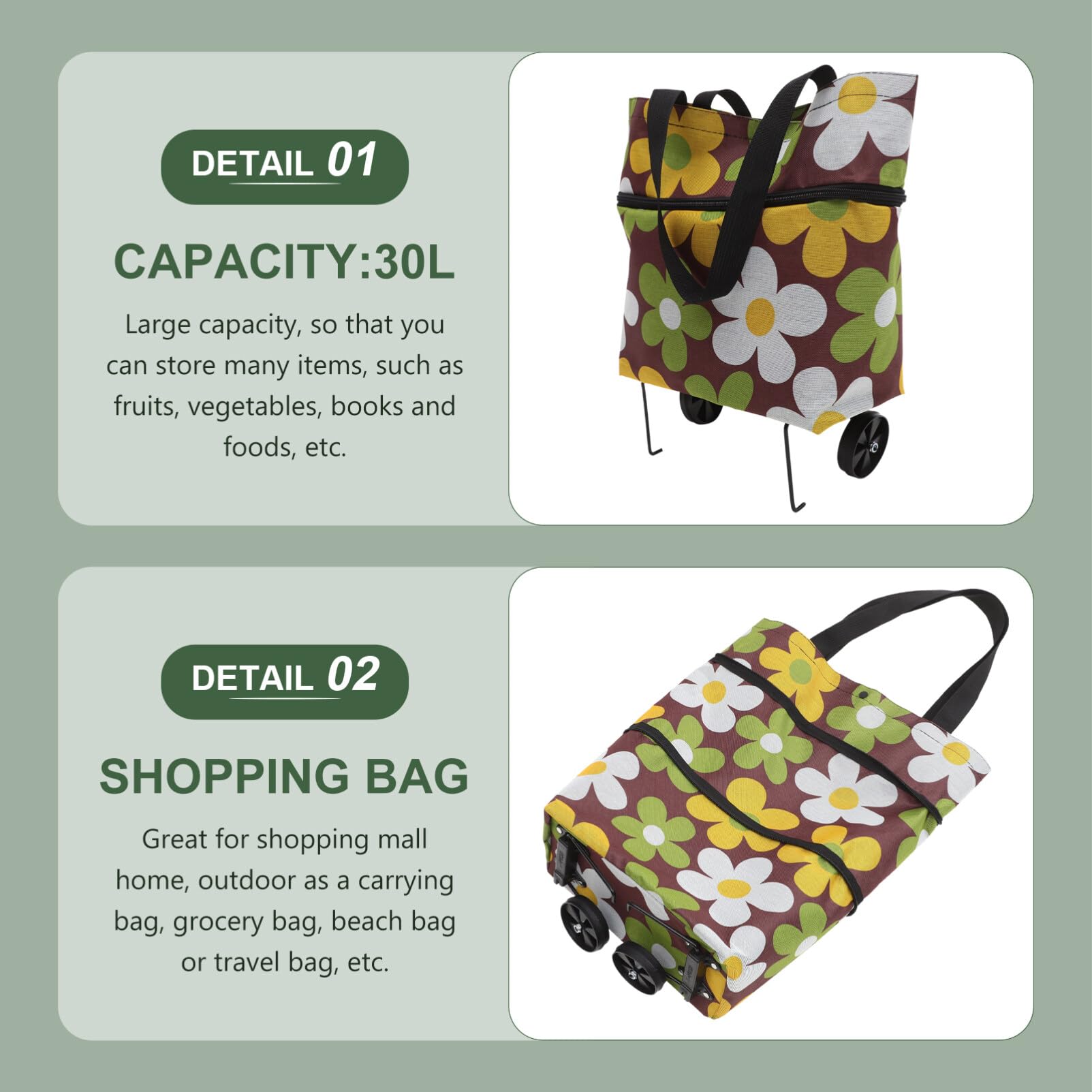 NUOBESTY Tote Bags Go Cart Groceries Reusable Grocery Bag Outdoor Storage Bag Grocery Cart Bag Grocery Tote Bag Foldable Storage Bag with Wheels Tie Rod Shopping Large Oxford Cloth