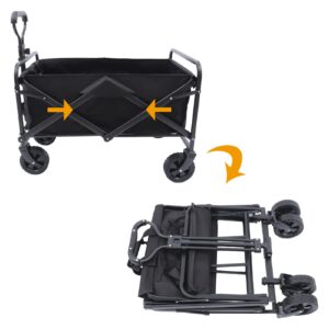 Collapsible Folding Wagon Cart - Heavy Duty Utility with 5 Inch All Terrain Wheels, Adjustable Handle, and 2 Cup Holders - Ideal for Beach, Garden, Shopping, and Camping - Black