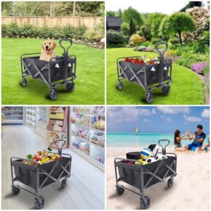 Folding Wagon Cart, Rubber Wheel Collapsible Heavy Duty Utility Beach Wagon with 5" Rubber Wheels Adjustable Handle and 2 Cup Holders for Outdoor Activities Beach Camping Garden