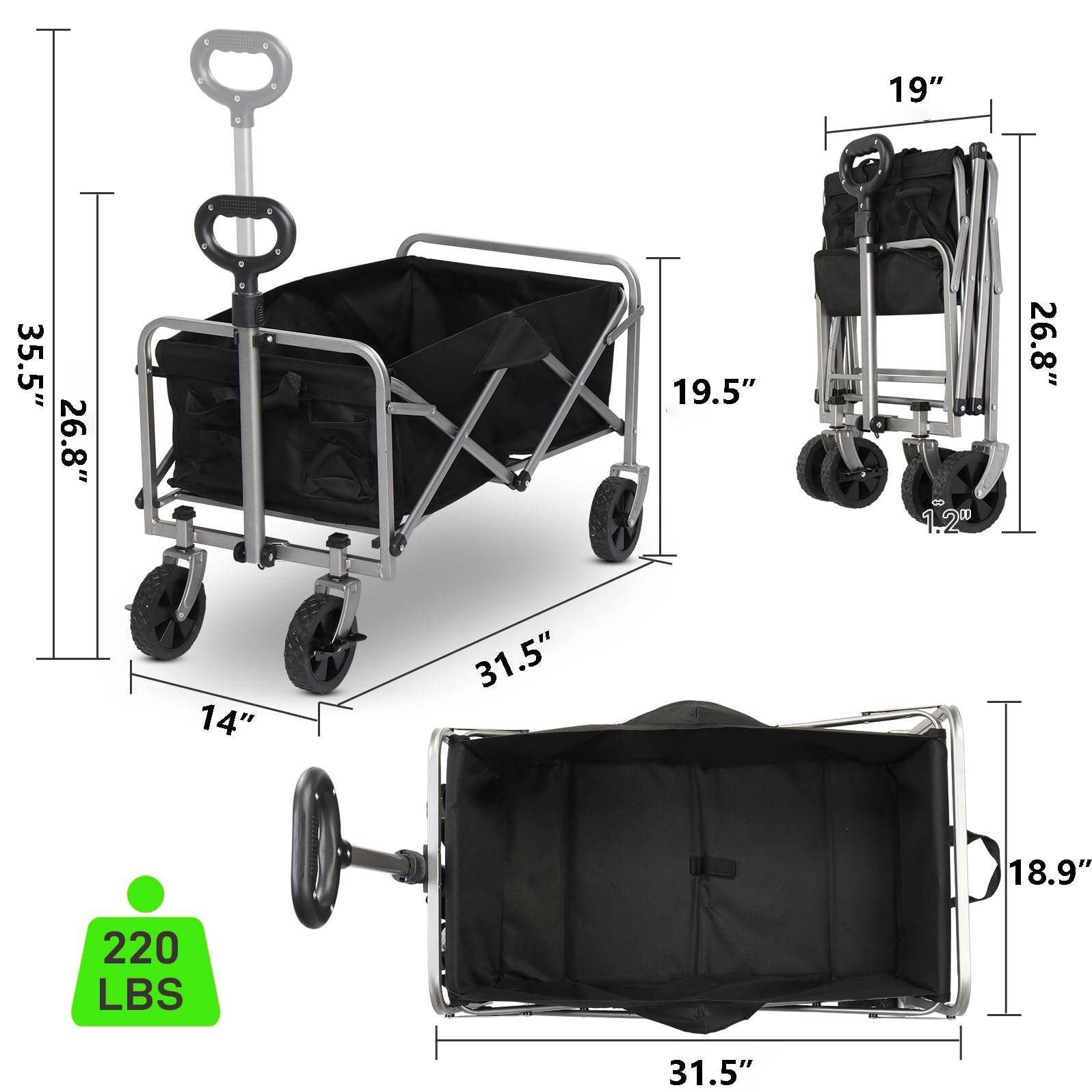 Collapsible Folding Wagon Wheels Lockable, Heavy Duty Utility Wagon Cart with All Terrain Wheels & Drink Holders for Camping, Garden, Sports, Picnic, Shopping, Black