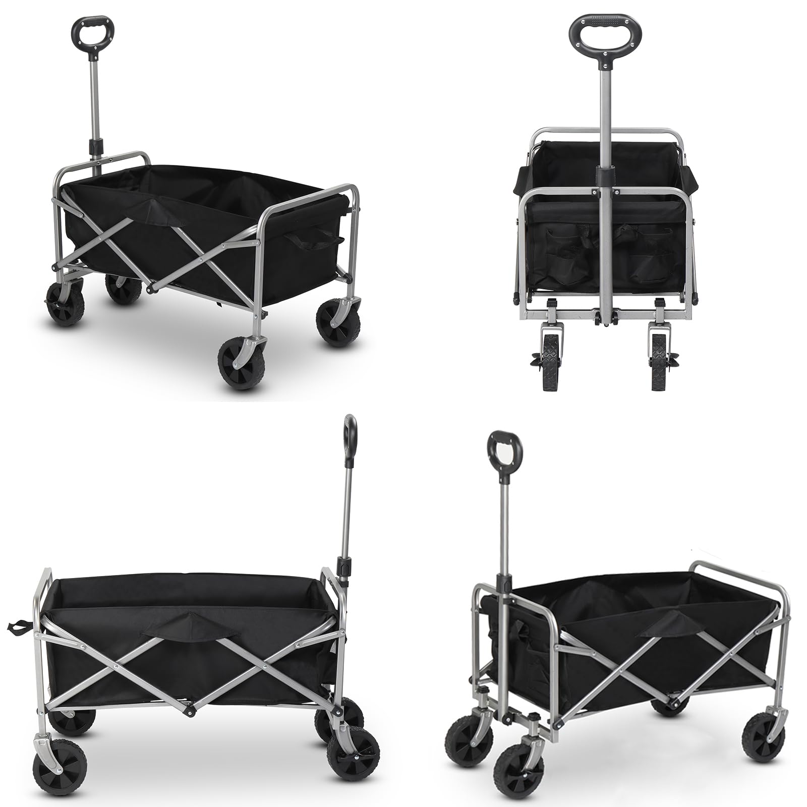 Collapsible Folding Wagon Wheels Lockable, Heavy Duty Utility Wagon Cart with All Terrain Wheels & Drink Holders for Camping, Garden, Sports, Picnic, Shopping, Black